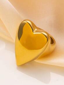 1 件时尚夸张老钱风格不锈钢心形戒指，适合女性日常装扮、节日、约会、礼物