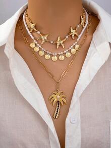 1 Pc Beach Style Shell Starfish Necklace Coconut Palm Tree Pendant Necklaces Vacation Style Summer Boho Jewelry For Women - Multicolor - View 8