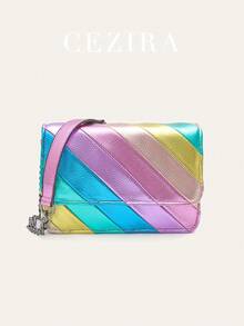 CEZIRA Women's Fashion Metal PU Plain Leather Small Colorful Striped Handbag, Rainbow Color Patchwork Square Flap, Metal Chain Shoulder Strap Crossbody Bag, Portable, Suitable For Girls, College, Travel, Vacation, Summer And Spring - Multicolor - View 3