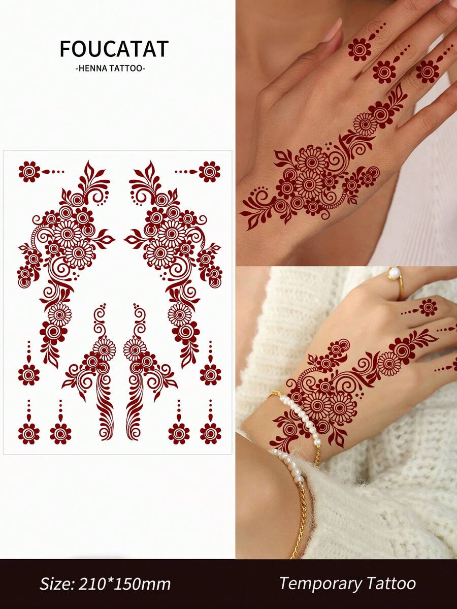 1 件女士花朵临时纹身,月亮图案指甲花纹身贴纸,适用于手、手指和身体装饰,防水假纹身,适合斋月节 - 彩色 - 查看 1