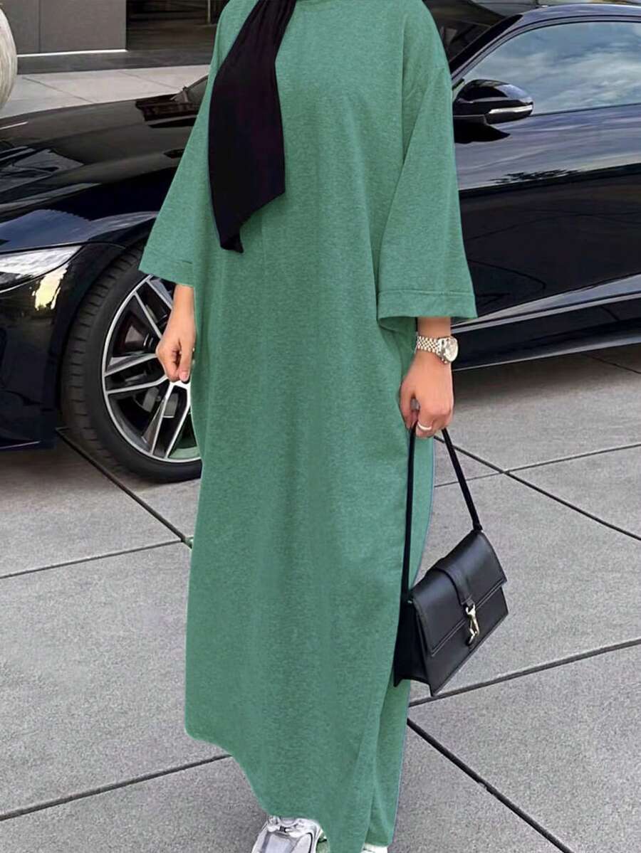 女士休闲纯色阿拉伯长袍，朴素的卡夫坦