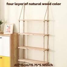 Customized No-Nail Rope & Solid Wood Floating Shelves, Wall Mounted Decorative Bookshelf For Living Room - Multicolor - View 10