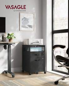 VASAGLE Archivador móvil sobre Ruedas, para Oficina en casa, 2 cajones con Bloqueo, para tamaño A4, Carpetas Colgantes tamaño Carta, Estante Abierto, Marco de Acero, Tinta Negra - Negro - Ver 2