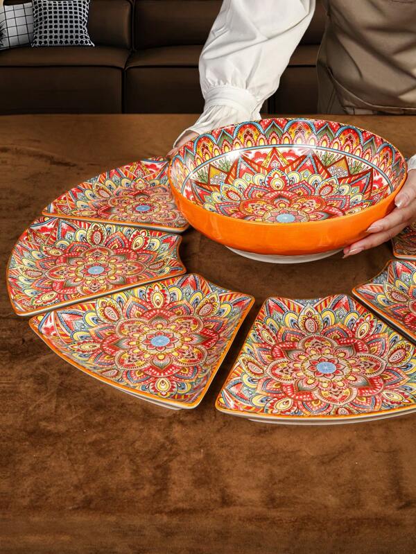 1 Set Chinese Style Ceramic Fan-Shaped Tableware, 4 Color Options, 8pcs/9pcs, Suitable For Dining Room/Home Plates, Fruit Plates, Kitchen Plates, Ideal Housewarming Gift,School Supplies