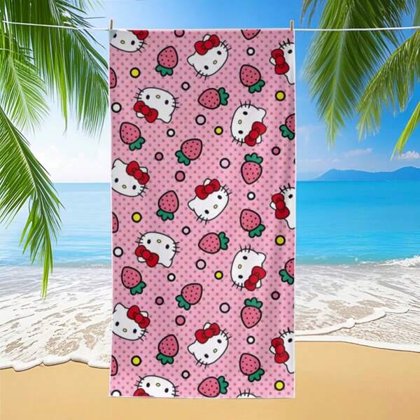 Sanrio Sanrio Hello Kitty Strawberry Print Beach Towel - Extra Large, Quick Dry, Super Soft Microfiber, Highly Absorbent, Lightweight Towel, Suitable For Swimming, Gym, Beach Fun, Essential Beach Item | Cartoon Beach Towel | Quick Dry Fabric