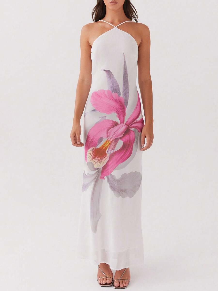 Women's Summer Dresses Halter Neck Sleeveless Backless Flowy A Line Boho Maxi Dress - Màu tím - Xem 1