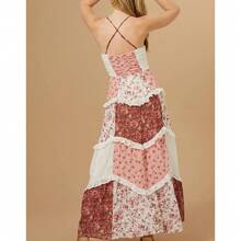 Women's Floral Dress Stylish Lace Patchwork Ruffled Trim Sleeveless Spaghetti Strap V Neck A-Line Long Dress For Summer - Brown - View 2