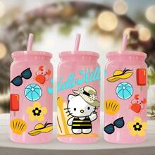 Sanrio 1 pieza Botella de agua de plástico rosa de 16 oz con estampado de Hello Kitty de Sanrio, adecuado para café, bebidas, cerveza, leche, jugo, un gran regalo de hidratación de verano para ella (con pajita reutilizable)