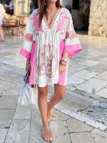 Vestito casual con stampa floreale boho, abbigliamento occidentale da donna, abito da festival musicale bohémien per vacanze estive e spiaggia, dolce abito stile babydoll; Abito aderente a maniche a pipistrello, scollo a V profondo, con stampa, per festa e club, abbigliamento da concerto