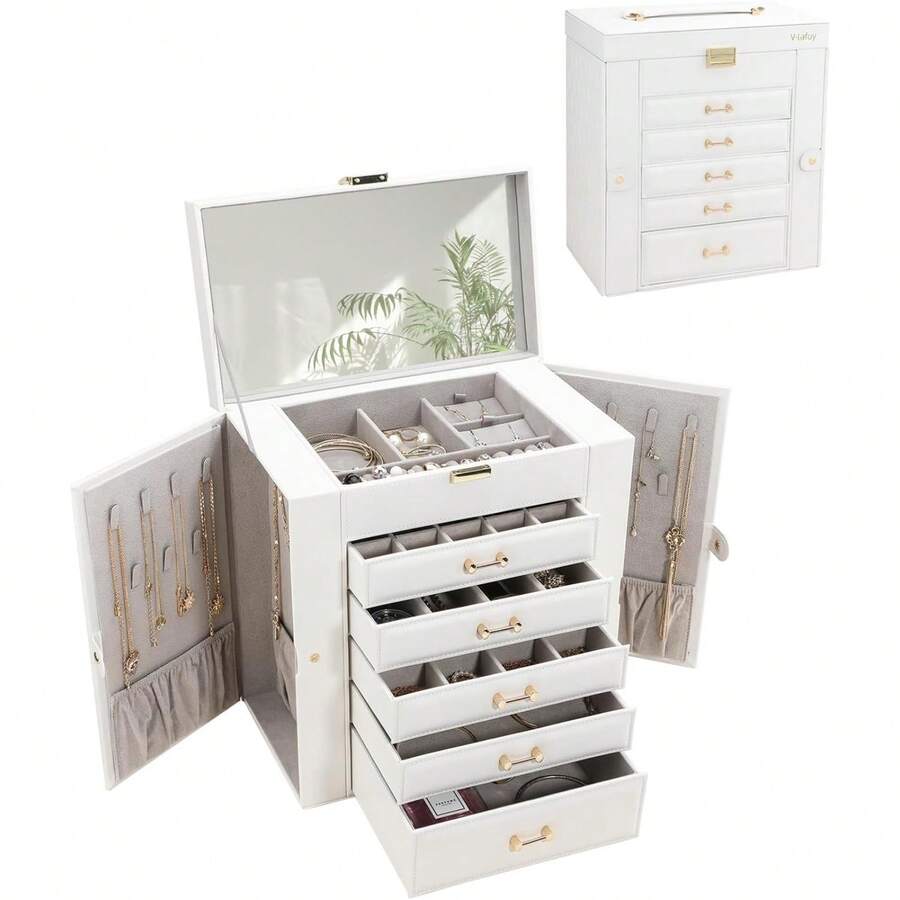 Jewelry Storage Box, Jewelry Organizer With 22 Necklace Hooks, Large Jewelry Box For Ring Bracelet Necklace Earrings (Apricot) - White - View 1