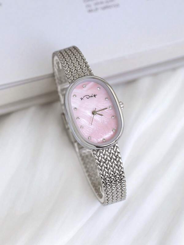 21design Oval Silver Case Mother Of Pearl Dial Woven Strap Waterproof Quartz Watch