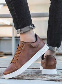 Men's Casual Fashion Skateboard Shoes, Flat Round Toe Lace-Up Comfortable Non-Slip Sole, Plus Size Sneakers Suitable For All Seasons ,Gym