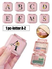 迷你六格药盒便携式六格小药盒药丸包装密封储物盒，一周使用 6 天的储物盒，白色雏菊向日葵字母的艺术字母设计，首字母旅行药丸收纳盒，6 隔层便携式 A-Z 字母药盒，用于存放维生素的每日药丸盒，口袋钱包药品收纳盒的小药丸容器，字母 ID 吊饰收纳盒 - 粉色 - 查看 1