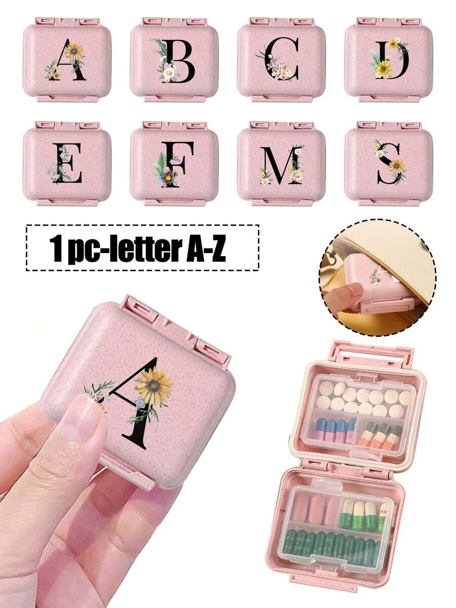 迷你六格药盒便携式六格小药盒药丸包装密封储物盒，一周使用 6 天的储物盒，白色雏菊向日葵字母的艺术字母设计，首字母旅行药丸收纳盒，6 隔层便携式 A-Z 字母药盒，用于存放维生素的每日药丸盒，口袋钱包药品收纳盒的小药丸容器，字母 ID 吊饰收纳盒 - 粉色 - 查看 1
