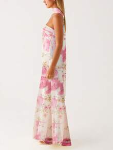 Women Y2k Floral Strapless Maxi Dress Boho Off Shoulder Sleeveless Bodycon Long Dress Summer Backless Tulle Tube Dress With Scarf - 紅白色 - 查看 3