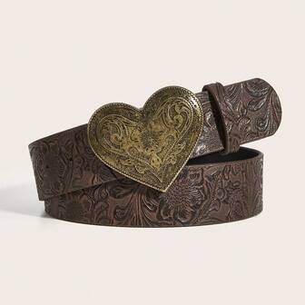 1 pieza Cinturón de PU con estilo vintage occidental, decoración floral en forma de corazón para café, adecuado para vaqueros, ropa casual y de oficina, atuendo de Halloween, verano, escuela, otoño, Halloween