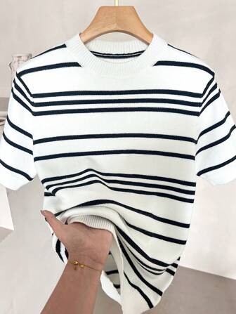 Promotion Men's Casual Colorblock Striped Short Sleeve Knit Top, Versatile For Daily Wear, Spring/Summer