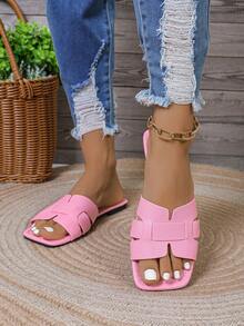 Women's Fashion Flat Square Toe Slip On Sandals, Versatile For Spring And Summer - Pink - View 3
