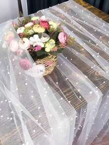 1pc Pearl Decor Table Runner, White Pearl Sheer Tulle Wedding Table Cloth, Wedding Arch Decor, Wedding/Bridal Shower, Party Decor, Chair Sash, Event Backdrop, Christmas, Wedding Decoration Nylon Mesh Fabric, New Pearl Hollow Out Mesh Fabric, Valentine's Day - White - View 9