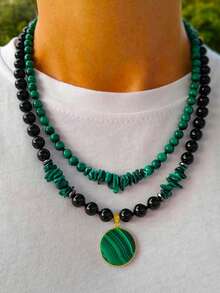 2pcs/Set Handmade Turquoise Layered Necklace For Women, Personalized Natural Stone Big Bead Multiple Pendant Jewelry Set, Mother's Day Gift - Turquoise - View 4