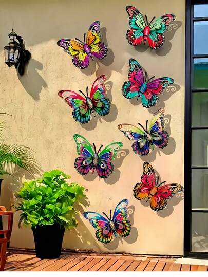 8 piezas de Decoración de Pared de Mariposas de Metal, Adecuada para Jardín, Cerca, Pared, Patio, Decoración Colgante de Balcón, Día de San Valentín, Fiesta de Boda, Decoración Exterior de Pared
