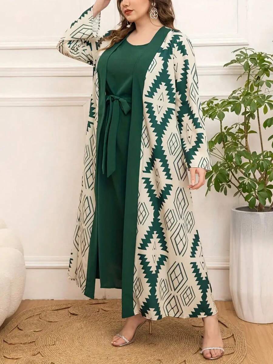 Conjunto de 2 piezas para mujer talla grande con vestido sólido sin mangas estilo árabe y cárdigan estampado de manga larga