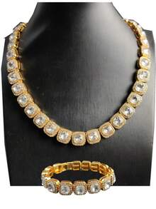 2pcs Fashionable Gold & Silver Square Crystal Necklace And Bracelet Set - Square Rhinestones With Round Rhinestones - View 3