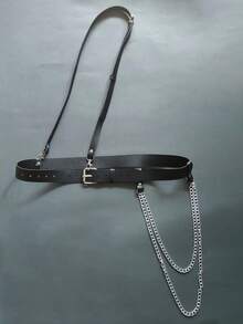 Women's Minimalist Fashion Chain-Style Body Belt, Large Circle Decor Goth Waist Belt, Adjustable Black PU Leather Punk Belt, Fashion Accessory, Feminine Style Clothing Matching - Black - View 3