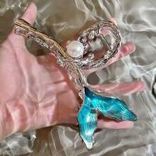 1 件女士蓝色美人鱼金属大发爪夹，高端仿珍珠爪夹，优雅公主马尾发夹发夹发夹发夹发夹发夹发夹秋冬发饰女士度假装女士