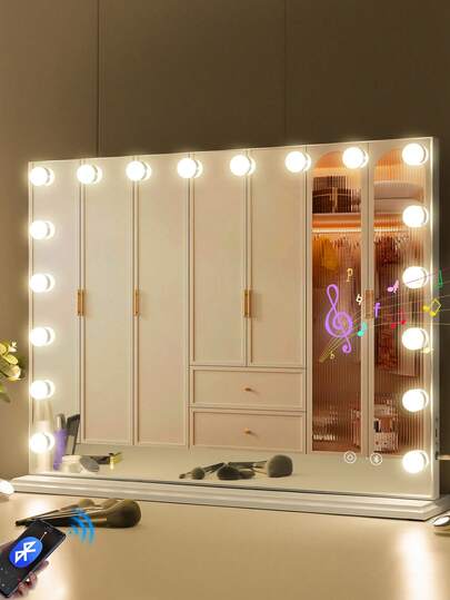 FENCHILIN Bluetooth Hollyw Ood Makeup Mirror With 18 LED Bulbs Hollyw Ood Makeup Mirror Polite With 3 Lighting Modes Vanity Mirror With Detailed Mirror 10x White 80x58cm