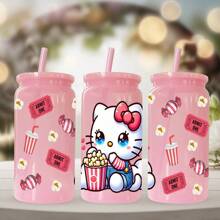 Sanrio 1 pieza Botella de agua de plástico rosa de 16 oz con estampado de Hello Kitty de Sanrio, adecuado para café, bebidas, cerveza, leche, jugo, un gran regalo de hidratación de verano para ella (con pajita reutilizable)