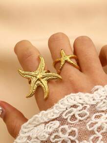 2pcs/Set Personalized Starfish & Shell 18k Gold Plated Stainless Steel Rings, Fashion Jewelry For Women Beach Resort Decoration, Gift
