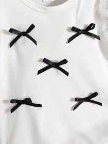 Infant Baby Girls' Summer Cute Colorblock Bow Decor Polka Dot Mesh Ruffled Cap Sleeve Knit Bodysuit - White - View 5