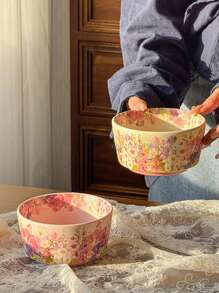 1pc 4.5 Inch Ceramic Bowl, Gorgeous Floral Glazed Design, INS Style Tableware, High Foot Rice/Soup Bowl,School Supplies