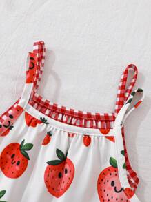 2pcs Girls Casual Checkered & Strawberry Print Off Shoulder Strap Dress, Fashion Style For Party, Holiday, Casual Outing, Summer