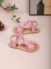 Sandalias con decoración de flores para niños mayores, zapatos de princesa para niñas, zapatos planos informales de playa con correa elástica para estudiantes de primaria, estampado floral de moda, de verano