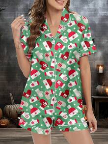 Women Christmas Pajamas Set, Santa Claus Tree Print Short Sleeve Button Closure Shirt With Shorts Sleepwear Loungewear