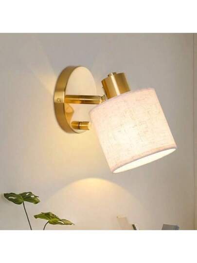 Zazumi Adjustable Indoor Wand Verlichting Switch, Goud Beige Linen Lampshade, E27 Rotating Bedside Light, Bedroom Living Room