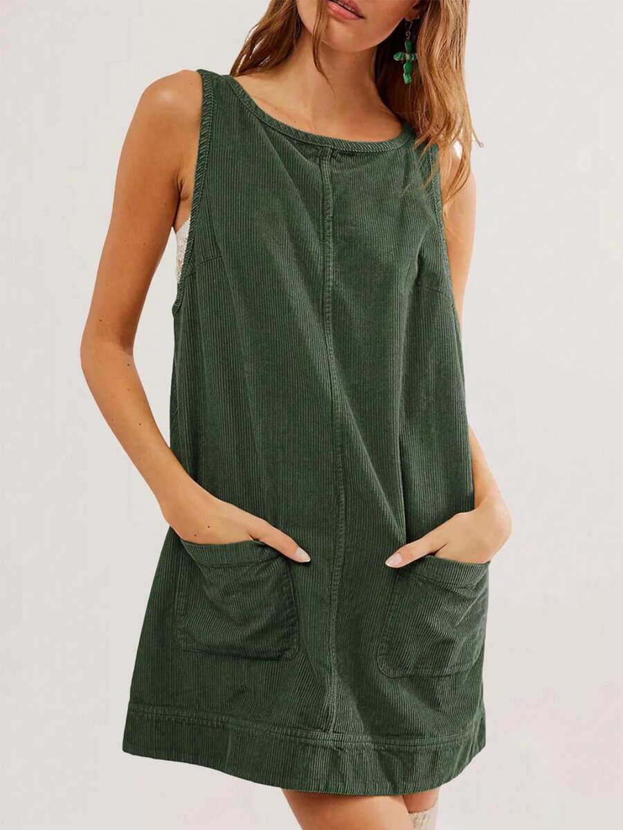Women's DarkGreen Corduroy Overall Dress Round Neck A Line Skirtall Jumper Mini Dress Pinafore With Pockets - Dark Green - View 1