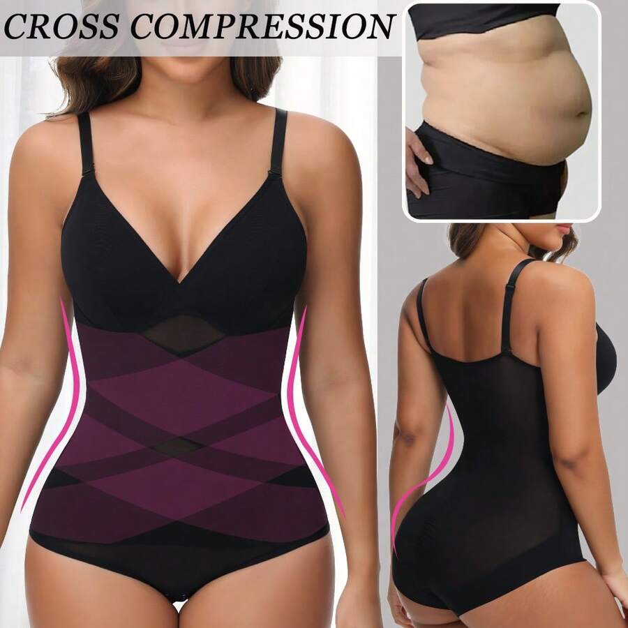 Women Sexy V-Neck Shapewear Bodysuit Tummy Control Slimming Abdomen Compression Body Shaper Underwear Body Sculpting Tank Top Snatched Waist Body Suit Waist Trainer - 黑色 - 查看 1