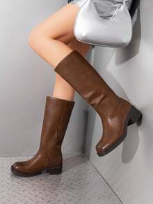 Womens Square Toe Chunky Block Heel Knee High Boots Banana Campus Boots For Women Casual Comfortable Low Heel Side Zipper Riding Tall Boots - màu nâu - Xem 1