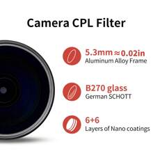 MECORIGHT MECORIGHT Brand CPL Polarizing Filter Reduces Or Eliminates Reflections On Water Surfaces, Glass, And Plants, Weakens Glare And Reflections Of Non-Metallic Objects In The Image, Can Reduce 1-2 Stops Of Exposure. It Can Replace The Role Of ND2 And ND4 Neutral Density Filters In Some Cases, Reducing Strong Light And Enhancing Image Layering Multiple Diameter Sizes Available: 37/40.5/43/46/49/52/58/62/67/72/77/82/95/105mm, Suitable For Installation And Use On The Front Of SLR Camera Lenses.