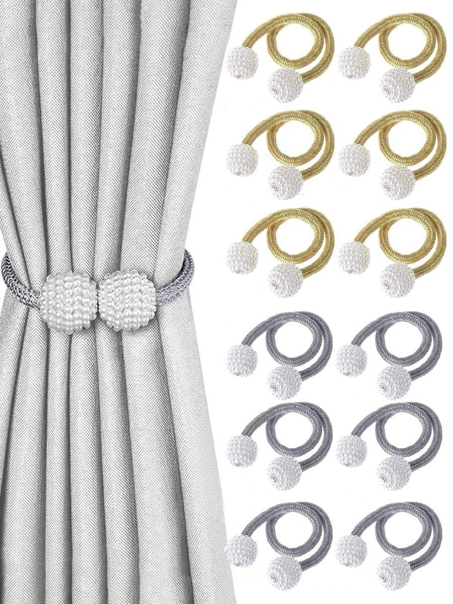 1/4/6Pcs Magnetic Curtain Tiebacks,Convenient Drape Tie Backs Decorative Curtain Holdbacks Holder Curtain Tiebacks For Window Draperies, No Tools Required-Pearl Shape Gifts Birthday Graduation - Grey - View 1