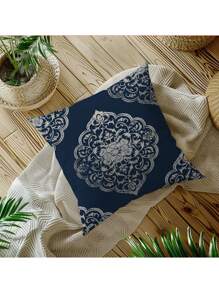 New Explosive Retro Blue And White Porcelain Printed Pattern Polyester Short Plush Home Decoration Sofa Cushion Cover 4 (No Pillow Core)