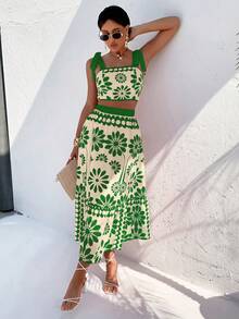 AIJ Amarilo Set de 2 piese pentru femei, cu imprimeu floral, pentru vacanță de vară, cu top scurt și fustă lungă