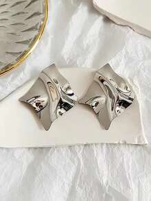1 Pair Geometric Diamond-Shaped Earrings, Suitable For Everyday Wear - Silver - View 9