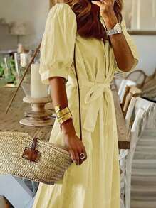 Women's Spring And Summer Thin Shirt Dress Open Collar Solid Color Loose Shirt Dress Tie Puff Sleeves Short Sleeves Non-Elastic Casual Commuting French Style Simple Lazy Style Temperament Elegant Women's Vacation Wear Graduation Season Valentine's Day Independence Day Back To School Season Gift Ladies Dress