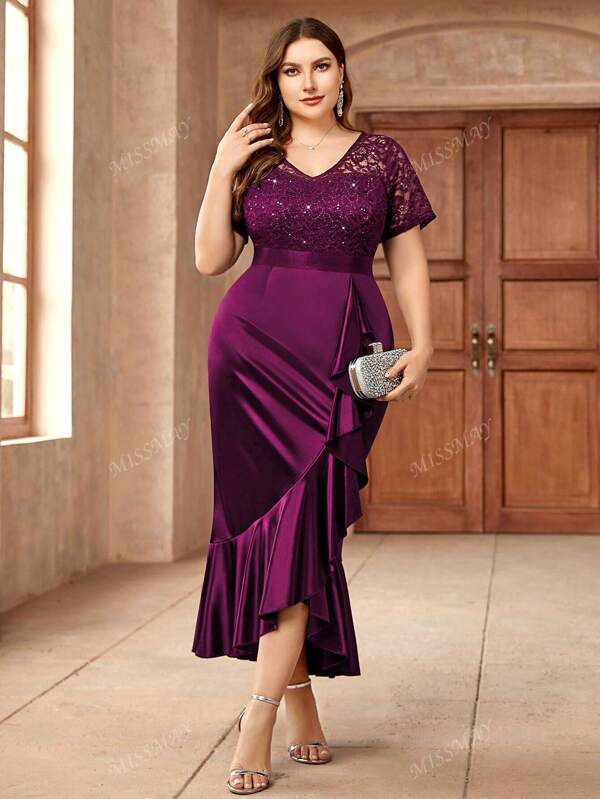 Plus V Neck Sequin Insert Lace Satin Ruffle Trim Mermaid Hem Formal Party Long Dress, Prom Evening Wedding Guest Gown, For Festivals, Graduation, Dinner, For Cocktail