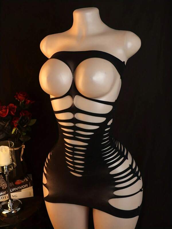 Sexy Black Mesh Bodystocking Lingerie With Strapless Design , Elegant One-Piece Mesh Suit For Women, Polyamide Fabric, Knit Construction, Perfect For Adult Wear, Adult Lingerie Strapless Bodystocking Polyamide Fabric, Rave
