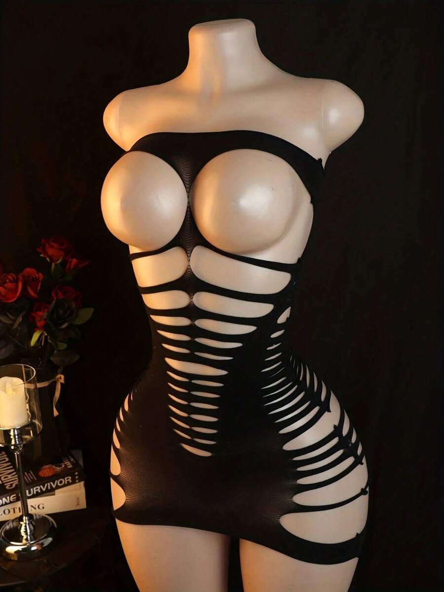 Sexy Black Mesh Bodystocking Lingerie With Strapless Design , Elegant One-Piece Mesh Suit For Women, Polyamide Fabric, Knit Construction, Perfect For Adult Wear, Adult Lingerie Strapless Bodystocking Polyamide Fabric, Rave